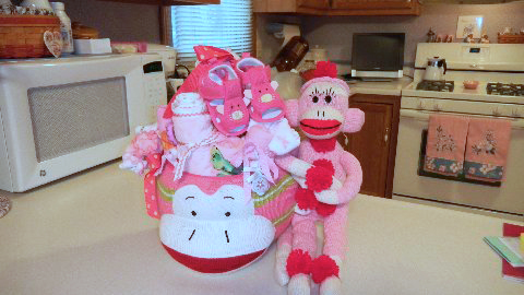 pink sock monkey w basket