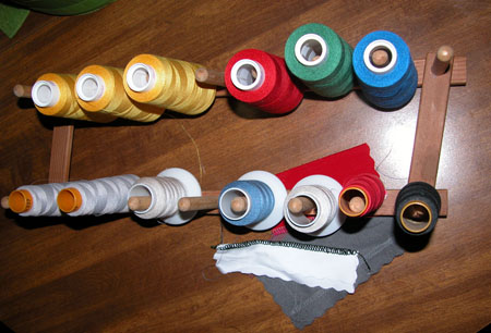 serger spools on plate rack - from above_450px