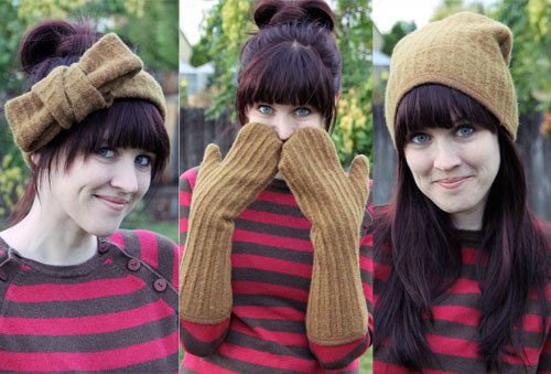 DIY upcycle sweater into hat and mittens