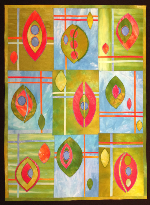 Combination of hand and machine stitching in Laura Wasilowski's "Blue Note" quilt.