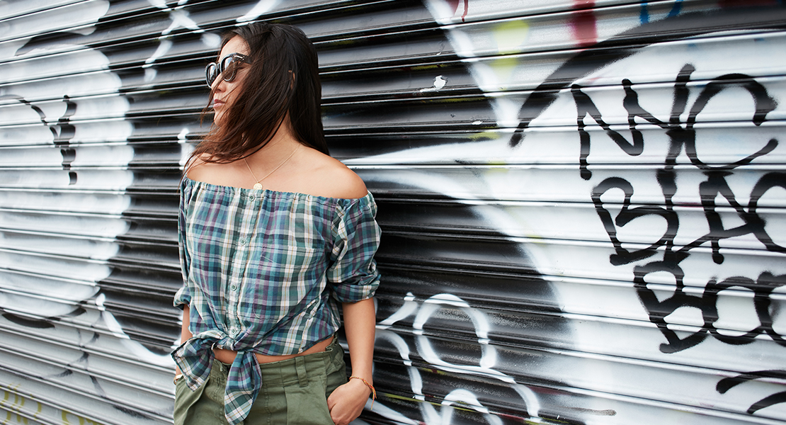 How to upcycle a button-up shirt into an off-the-shoulder shirt