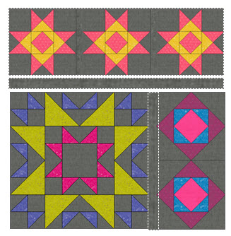 Seam Block 11 to one side of the 2” x 24 1/2”Strip, and one of the Block 3 blocks to the other side