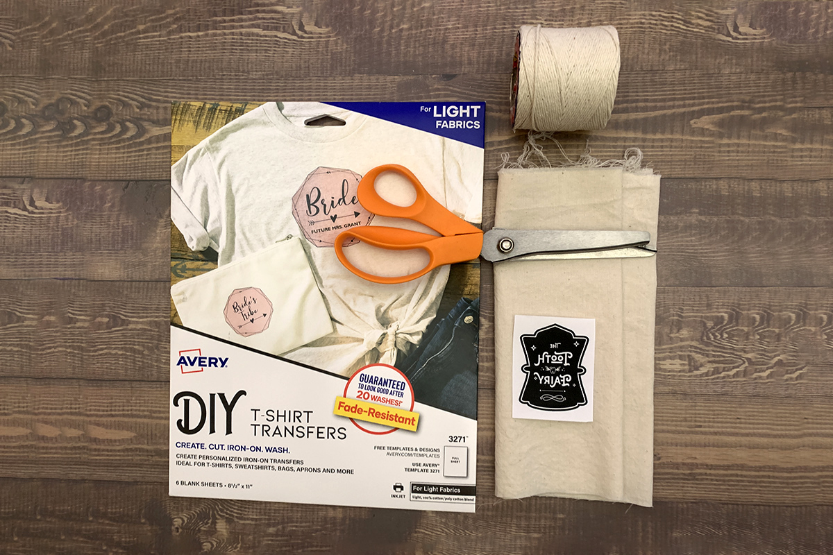 Tooth Fairy Drawstring Pouch Pattern: Photo of supplies including pinking shears, fabric, cotton cording and Avery 3271 t-shirt transfer paper