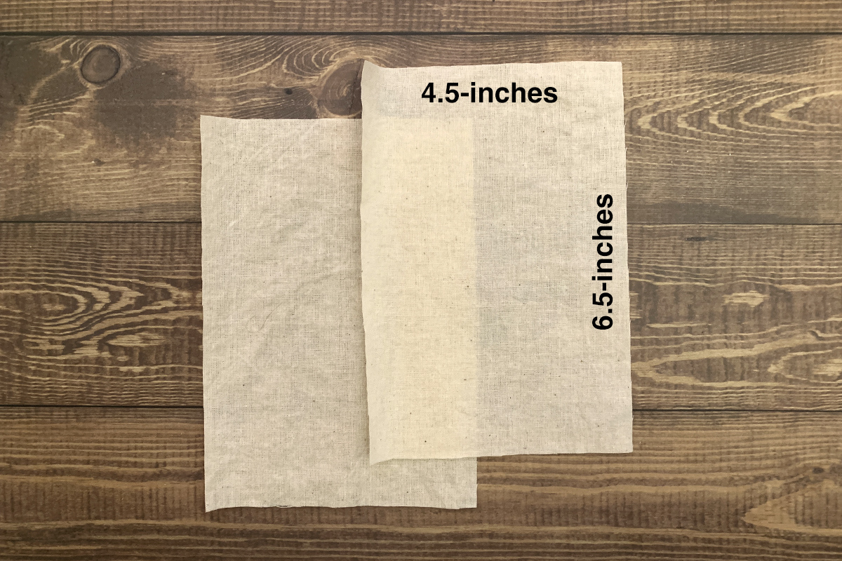 Tooth Fairy Drawstring Pouch Pattern: Image of 2 pieces of cut muslin, each measuring 4.5 x 6.5 inches