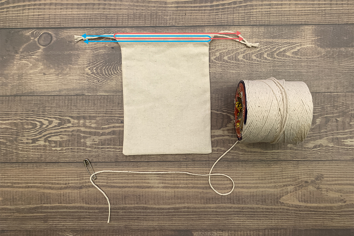 Tooth Fairy Drawstring Pouch Pattern: Image showing the cotton cording threaded through the drawstring casing using a safety pin.