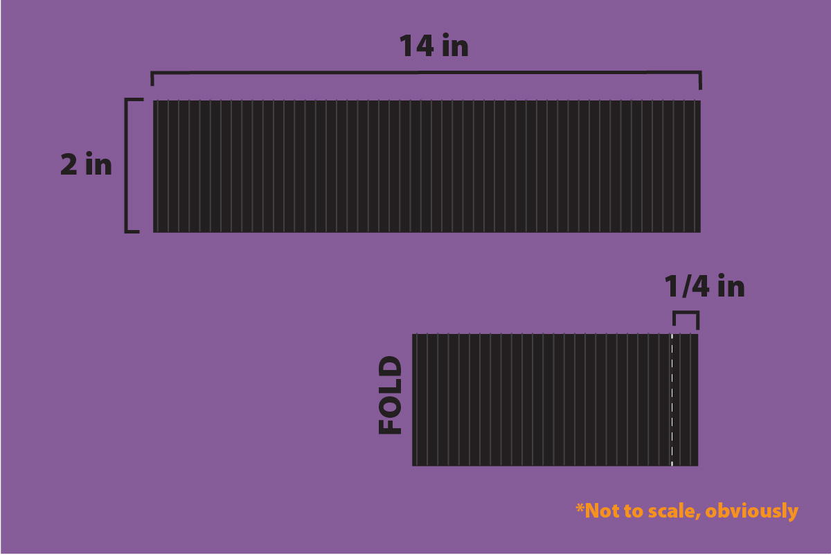Illustration showing to cut a piece of ribbing 14 inches across, and 2 inches tall, with the line pattern running parallel to the short side.
