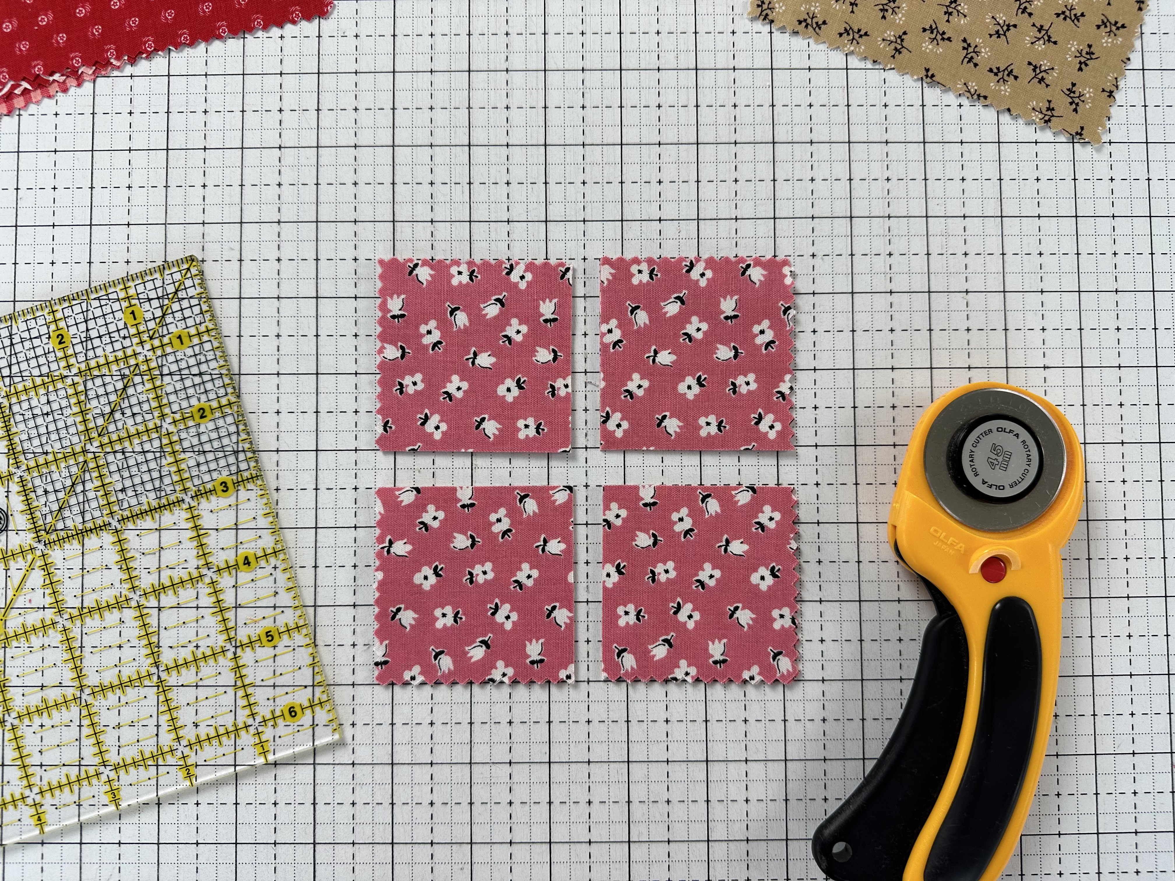 Four 2 1/2" squares that were cut from one 5" square