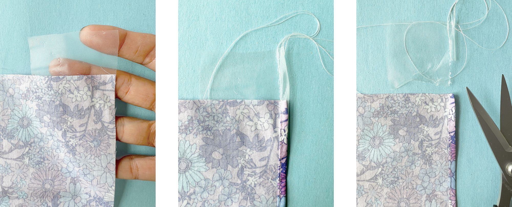 3 photos side by side demonstrating how soluble interfacing can be attached to a piece of fabric at the beginning of sewing a rolled hem.