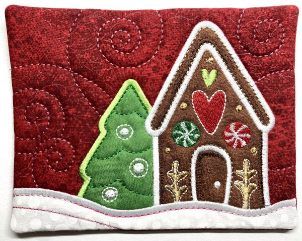 Completed In the Hoop Mug Rug Finished Gingerbread House Mug Rug