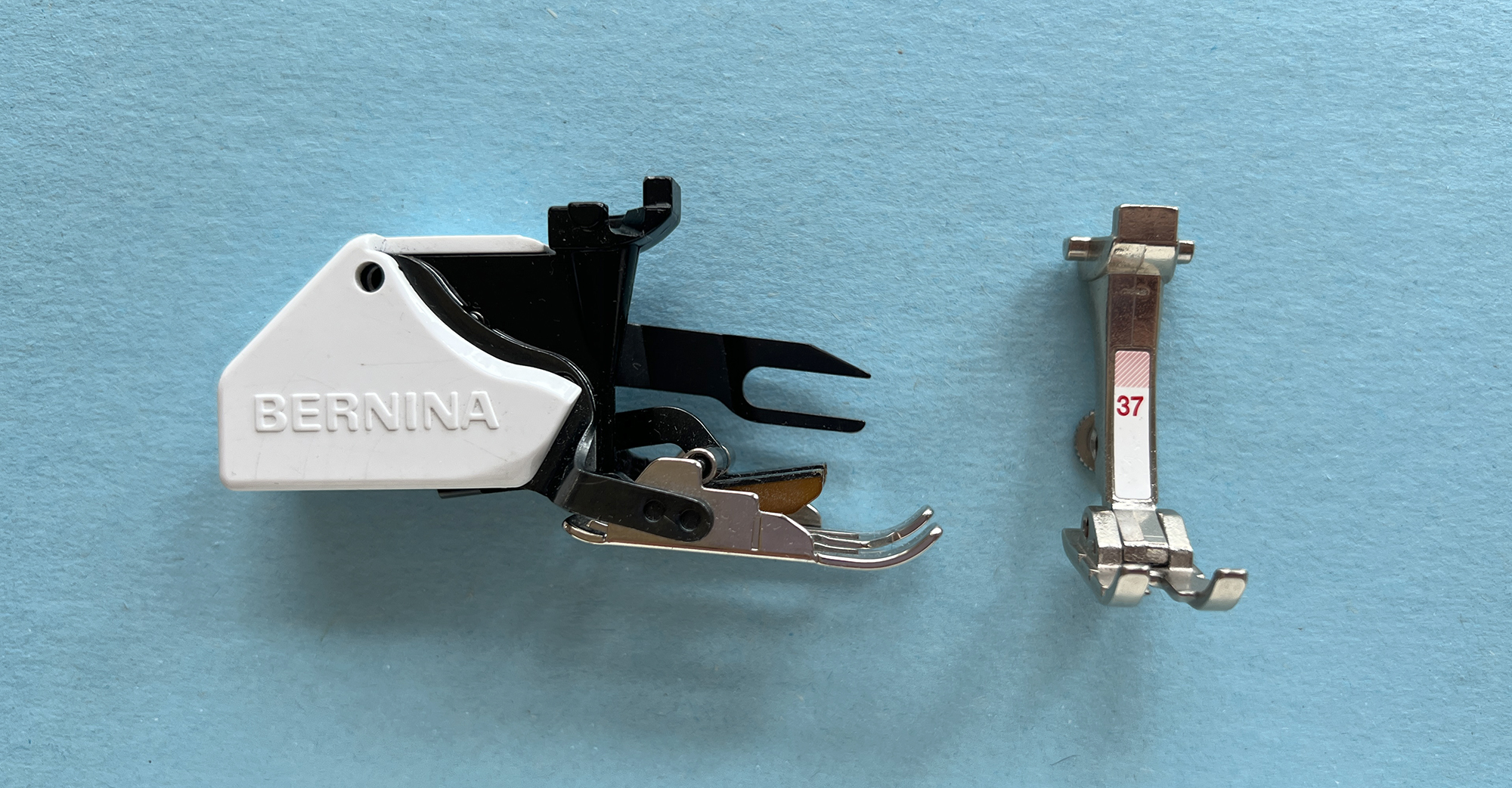 A BERNINA sewing machine Walking Foot and patchwork foot #37 are shown on a light blue background.
