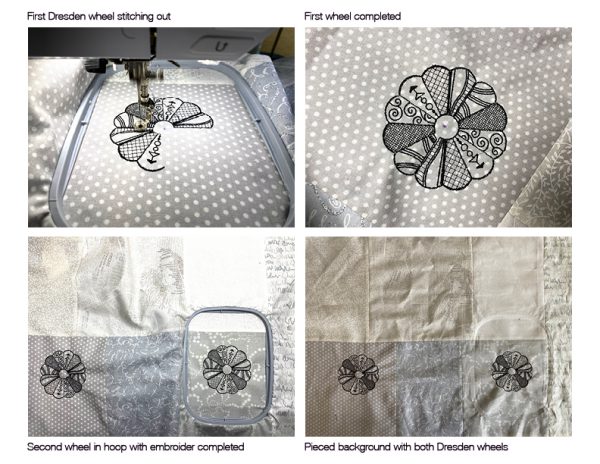 Placement and stitching of Dresden Daisy Wheels for 57 Chevy art quilt