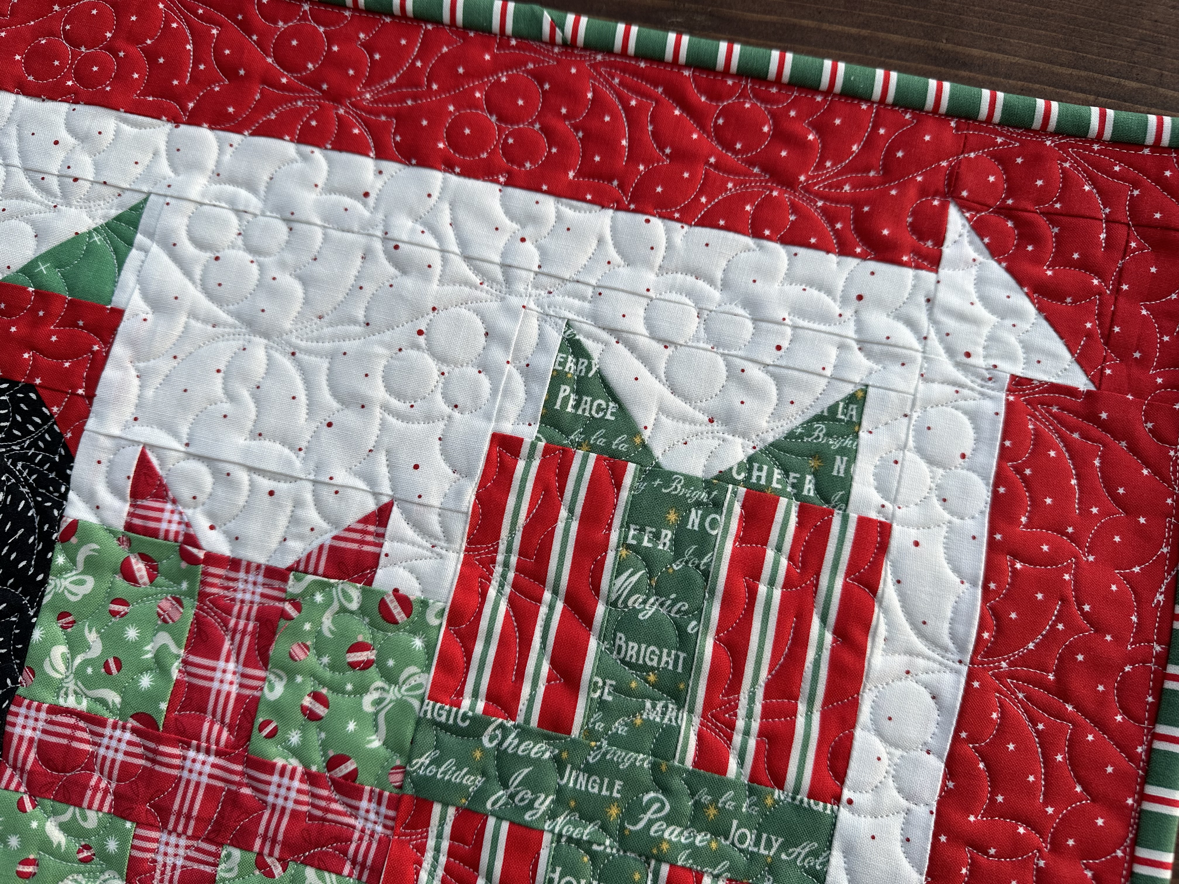 Up close view of the stitching on the Onyx at Christmas Table Runner