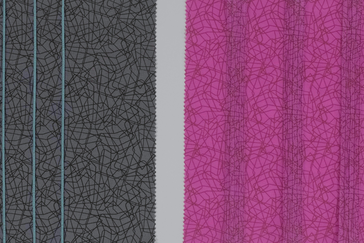 pink and black fabric with pintucks laid side by side to showcase the results of two different machines