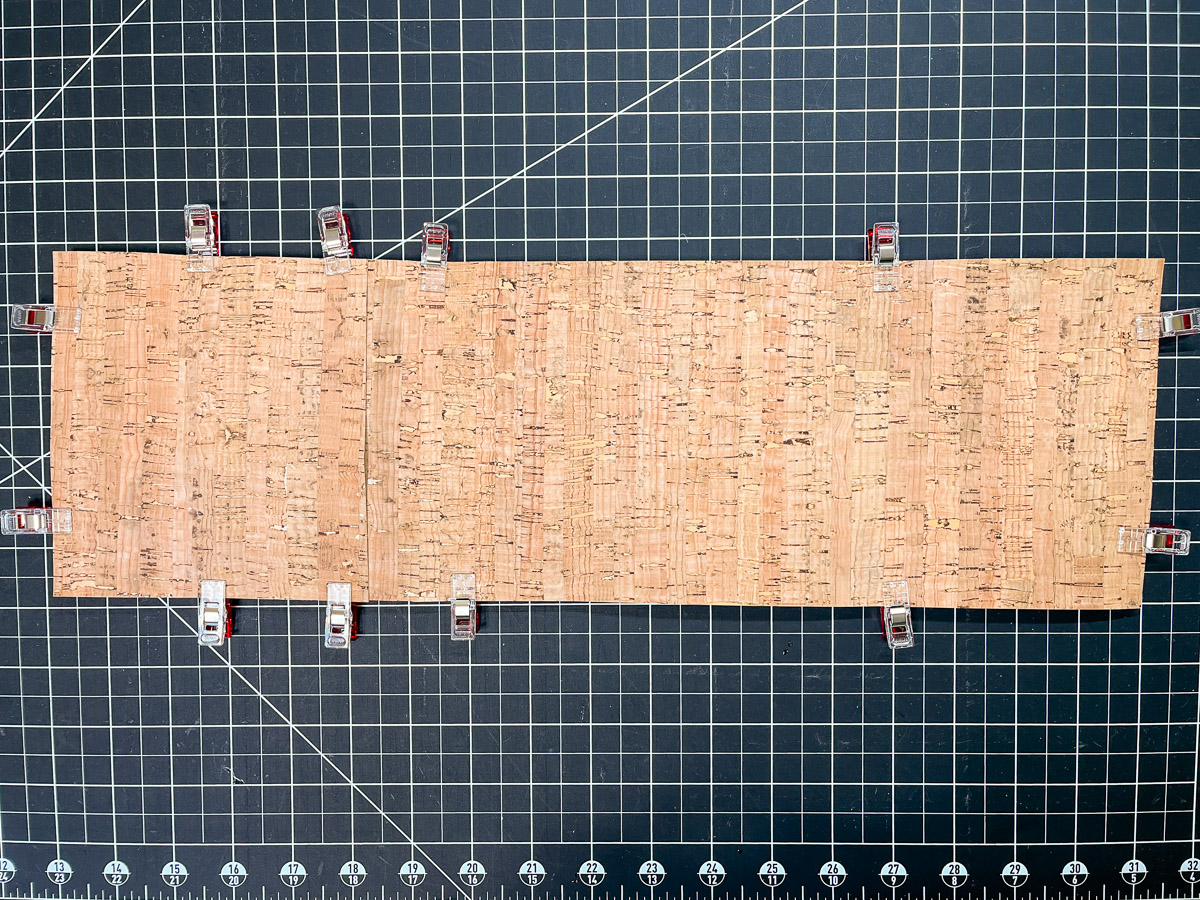Cork pinned with clips and laying on a black grid background