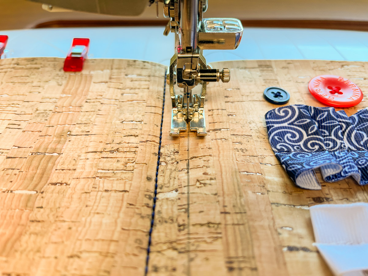 Close up view of cork being sewn