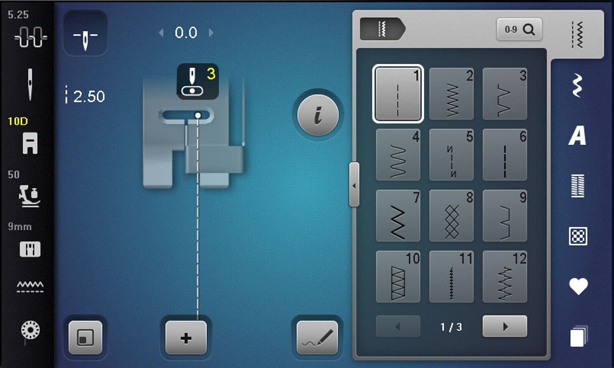 Edgestitch foot 10D at needle position 3 on simulator
