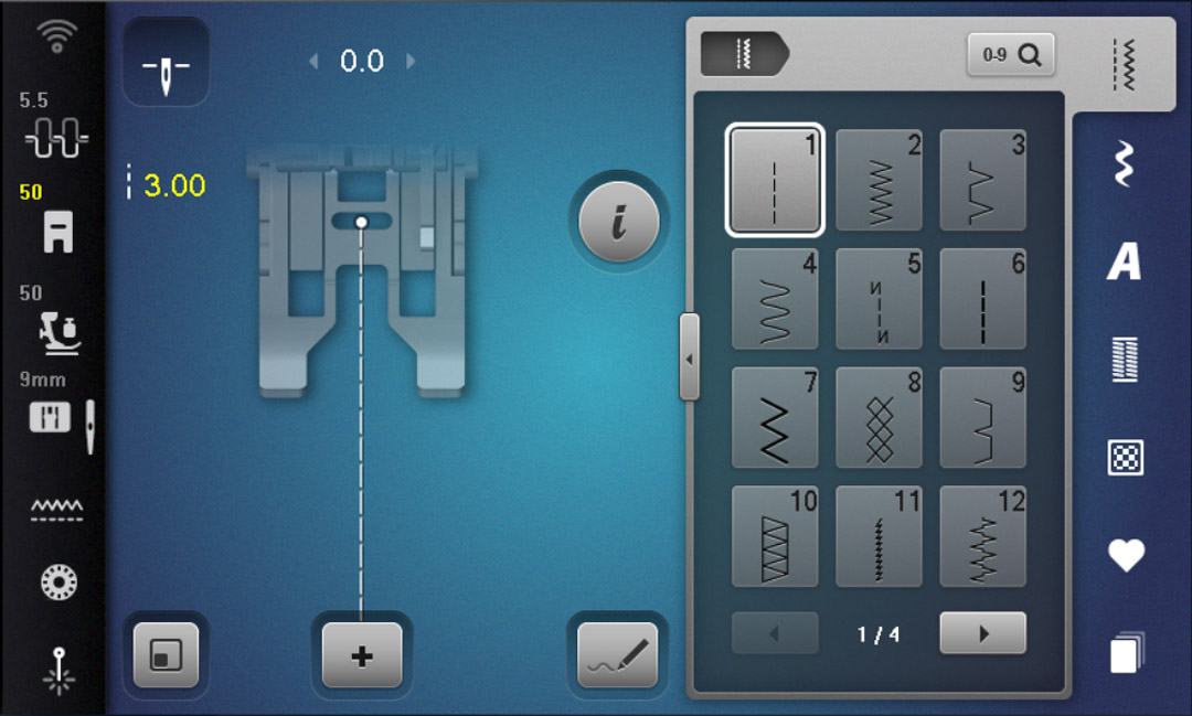 the display screen of the B 790 PRO with the stitch selected and feet and stitch length highlighted in yellow
