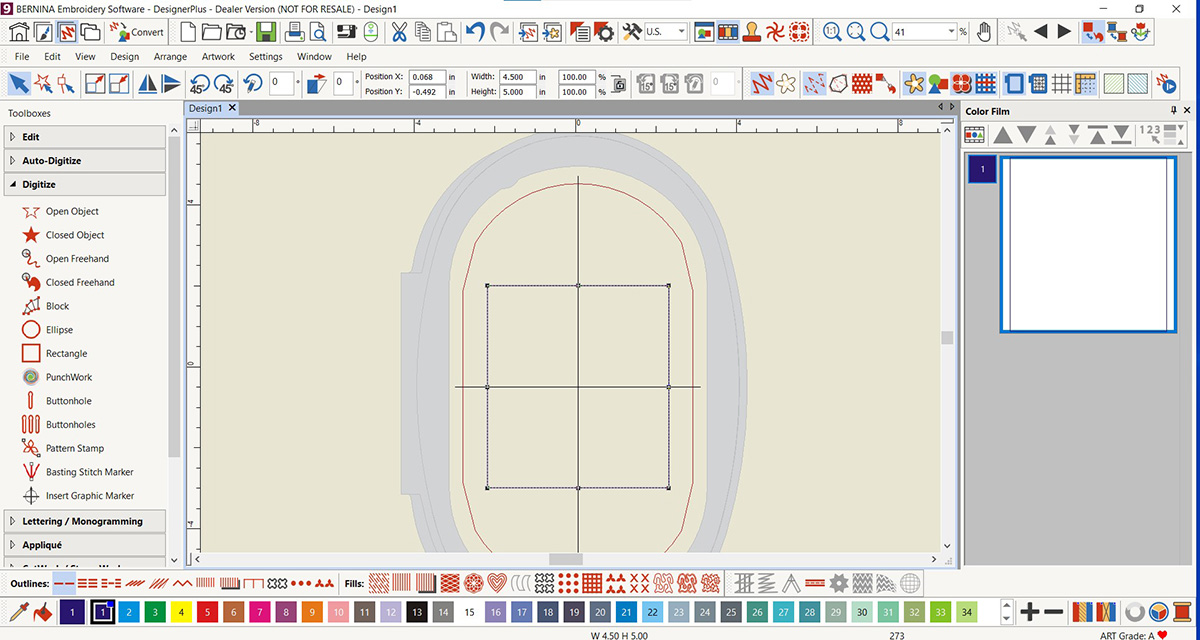 display screen of the BERNINA V9 DesignerPlus software, highlighting a rectangle.