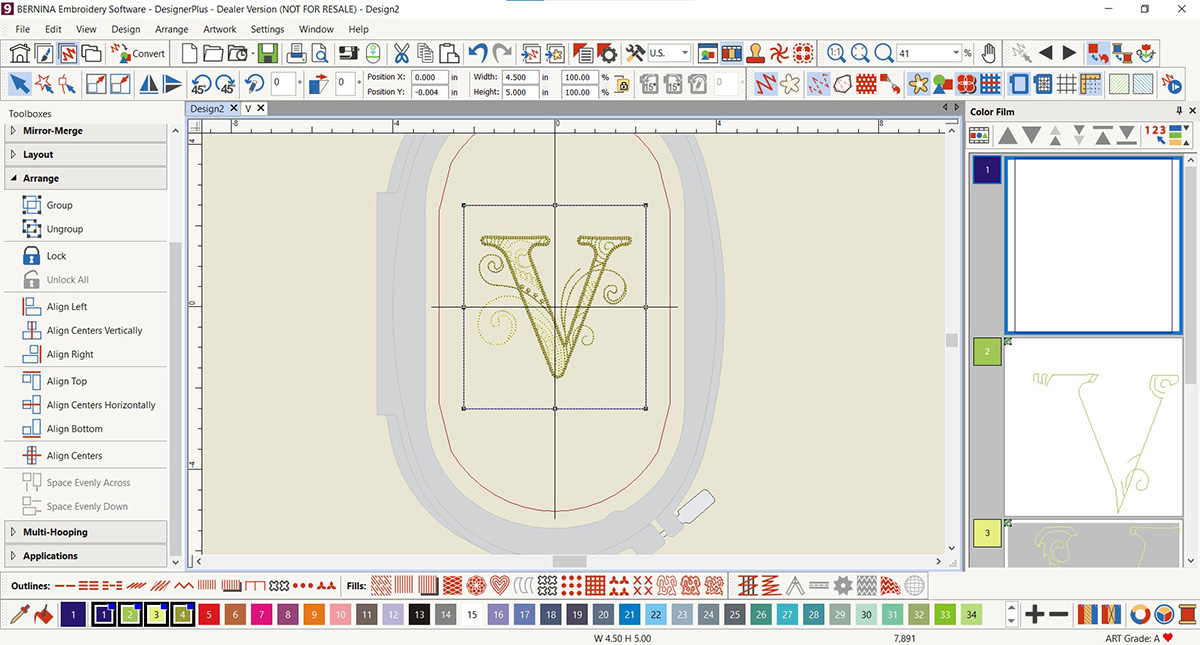 display screen of the BERNINA V9 DesignerPlus software, with a V letter applied.