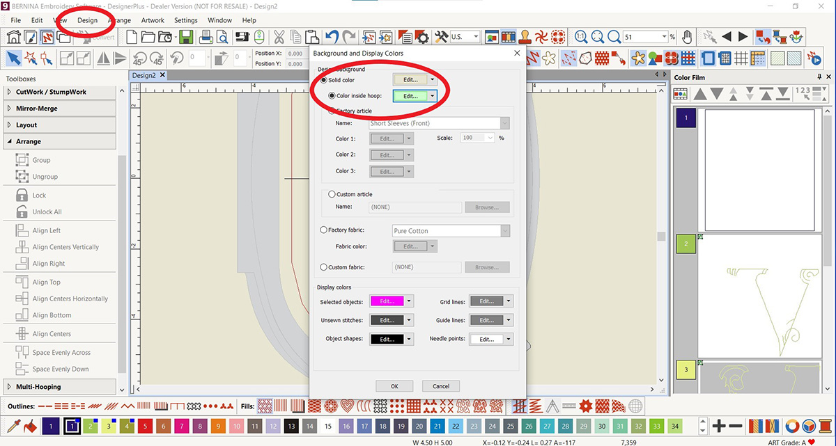 display screen of the BERNINA V9 DesignerPlus software, with color mode highlighted.