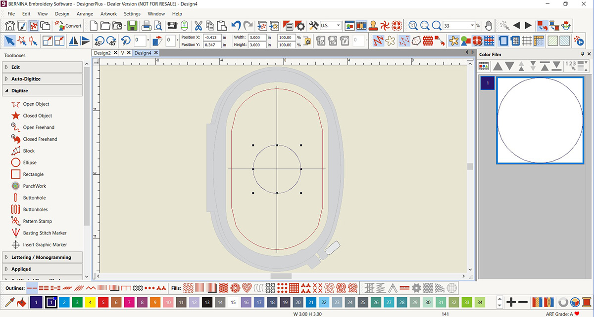 display screen of the BERNINA V9 DesignerPlus software, with circle resized.