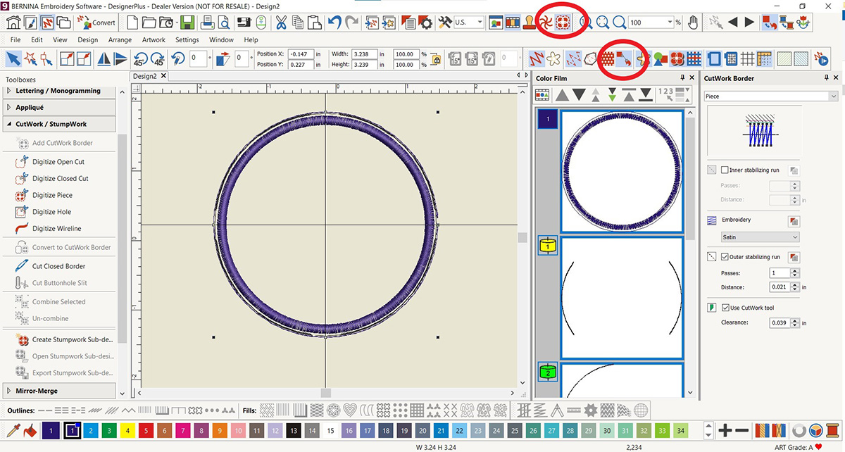 display screen of the BERNINA V9 DesignerPlus software, cutwork items selected.