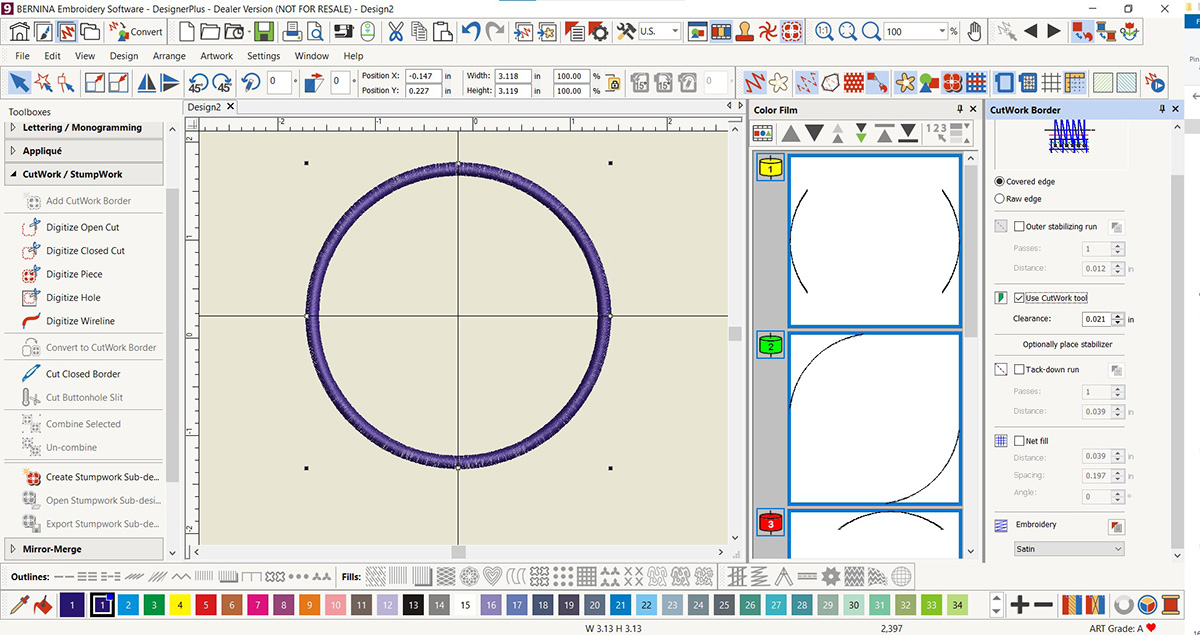 display screen of the BERNINA V9 DesignerPlus software, with a circle in the center screen.