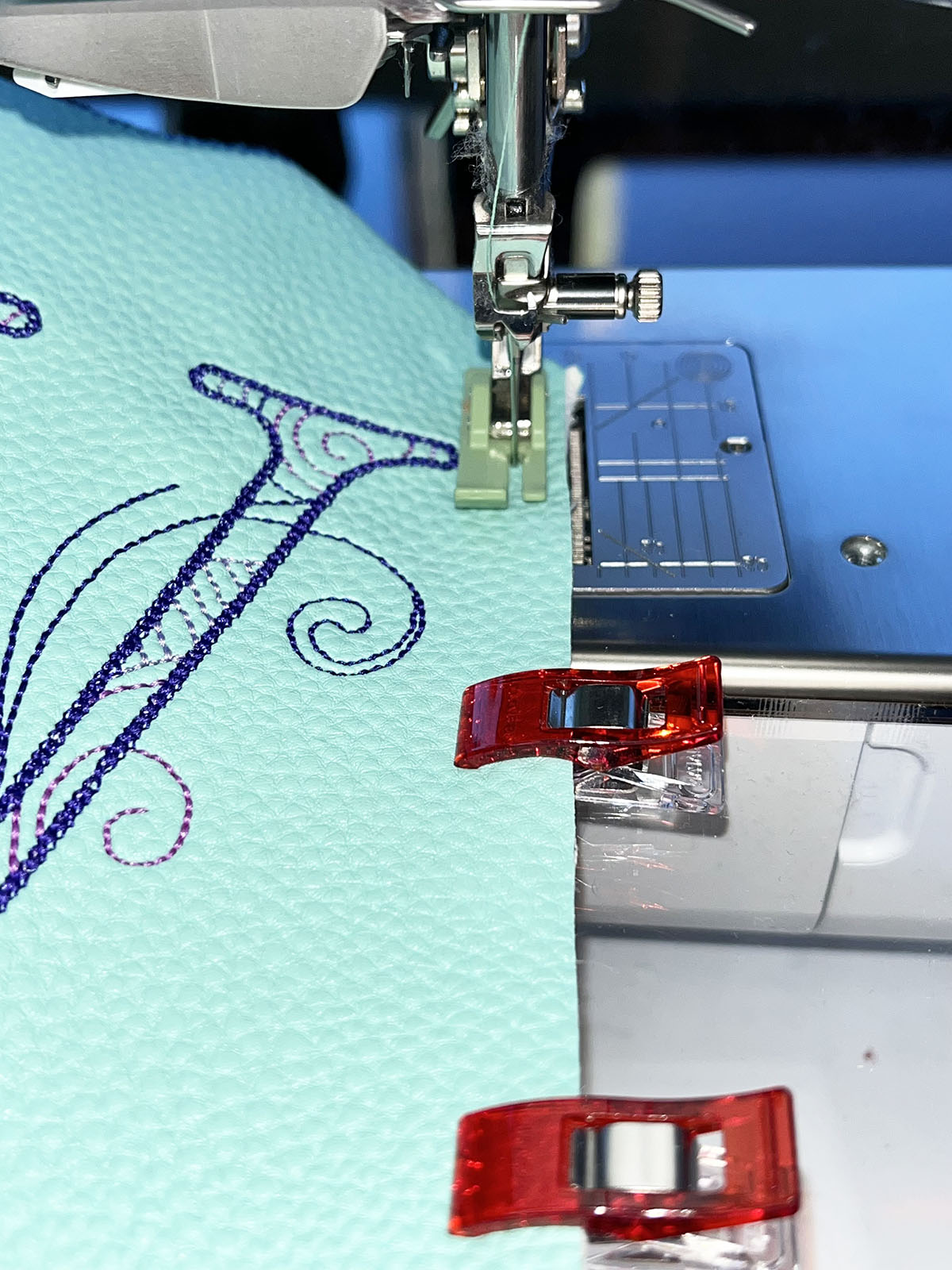 Up-close view of Straight Stitch Foot with Non-stick Sole #53 sewing vinyl seams