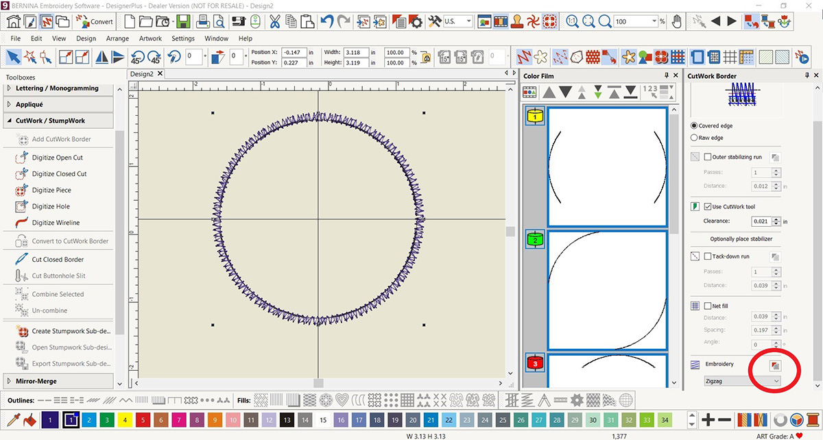 display screen of the BERNINA V9 DesignerPlus software, with zigzag overlay on the circle.