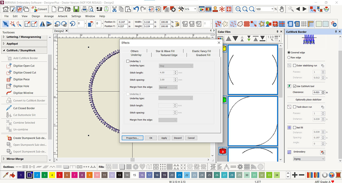 display screen of the BERNINA V9 DesignerPlus software, with a menu popout.