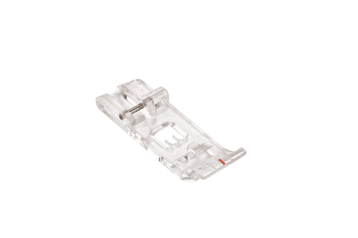 Clear sewing machine foot on a white background.