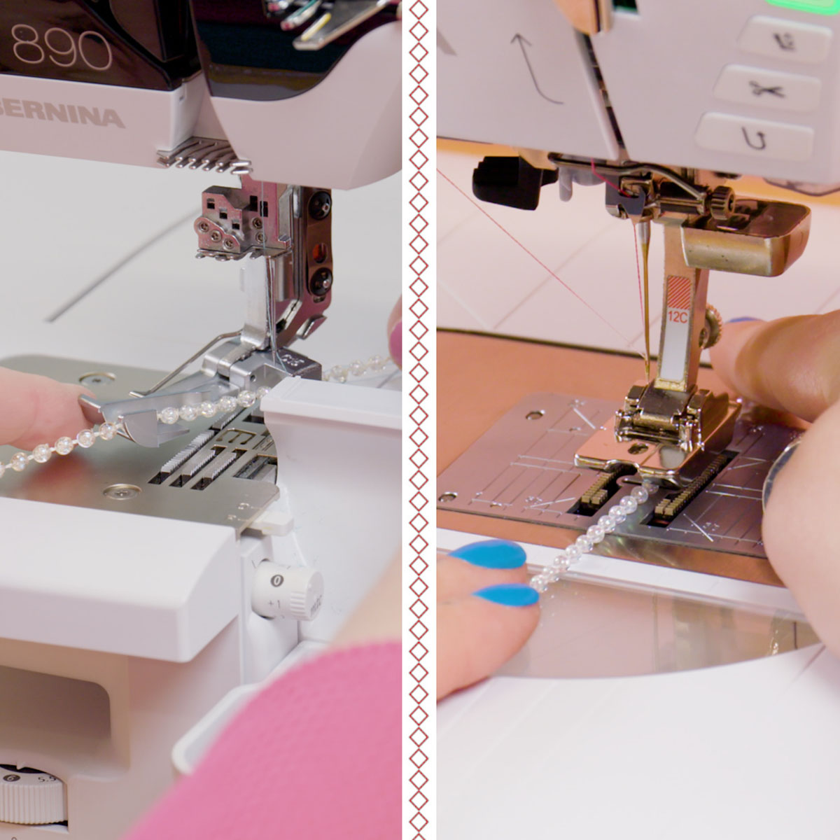 Side by side view of white beads being inserted into the presser feet of a serger (left) and sewing machine (right).