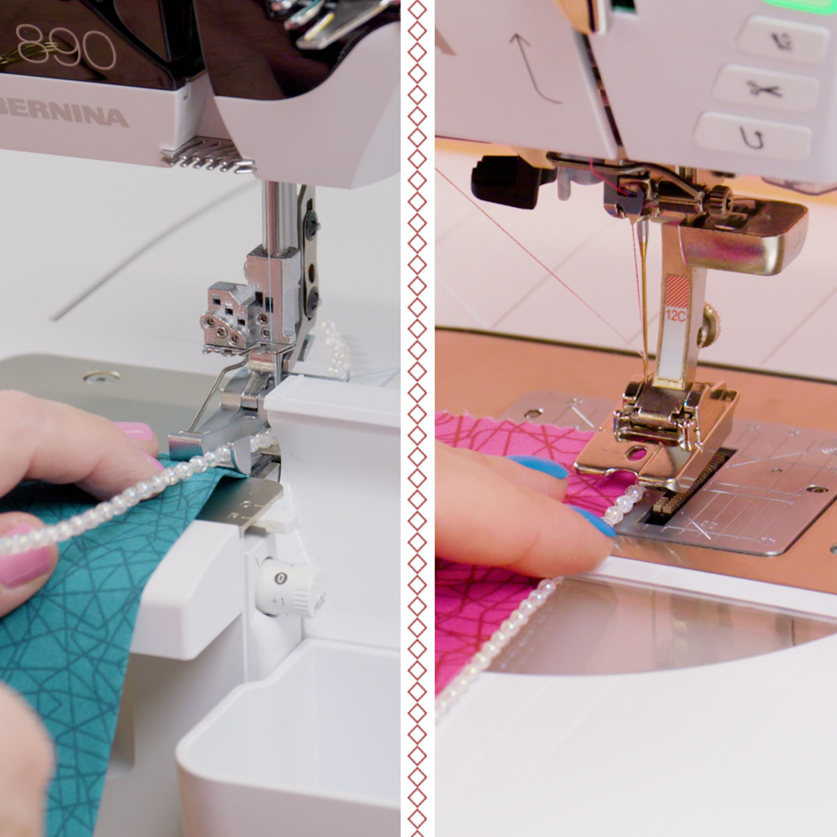 Side by side view of beads being sewn onto fabric with two different machines.