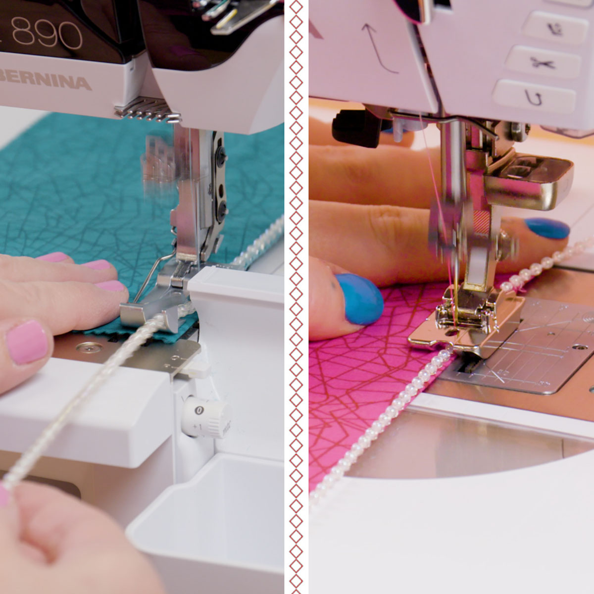 side by side view of beads being sewn onto fabric with a serger (left) and a sewing machine (right).