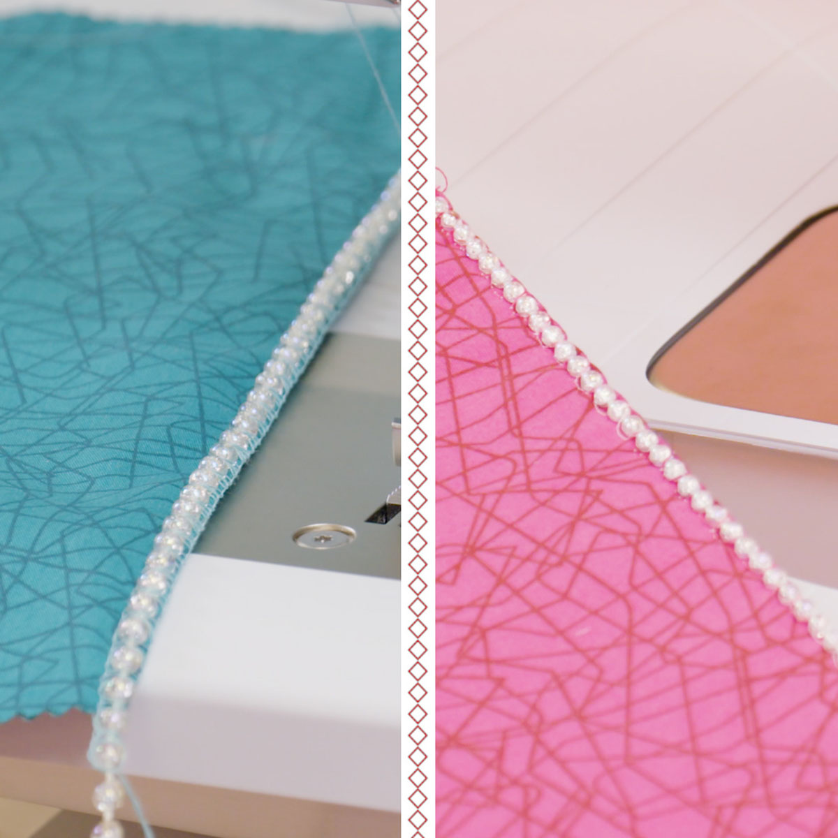 side by side view of beads being sewn onto fabric with a serger (left) and a sewing machine (right).