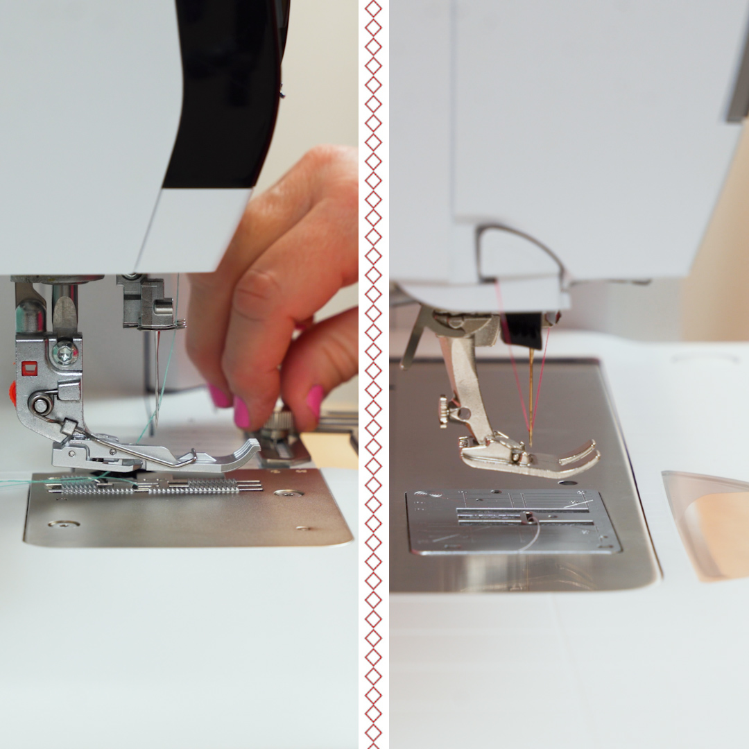 Side by side view of presser feet on the serger and sewing machine