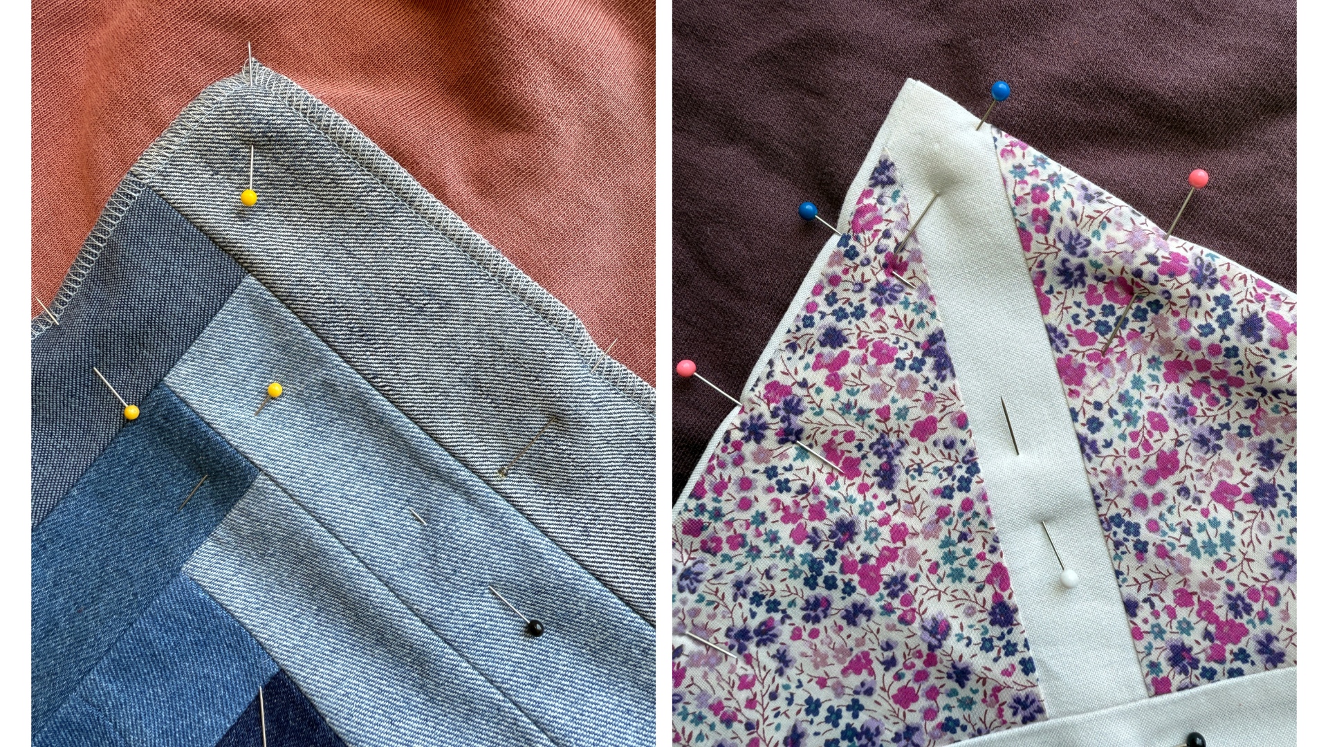 Two quilt blocks pinned to sweatshirts