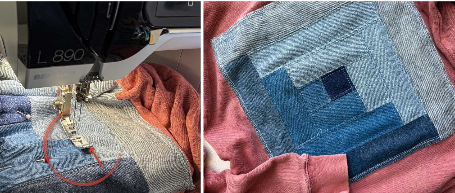 close up of a denim log cabin quilt block and the Bernina L890