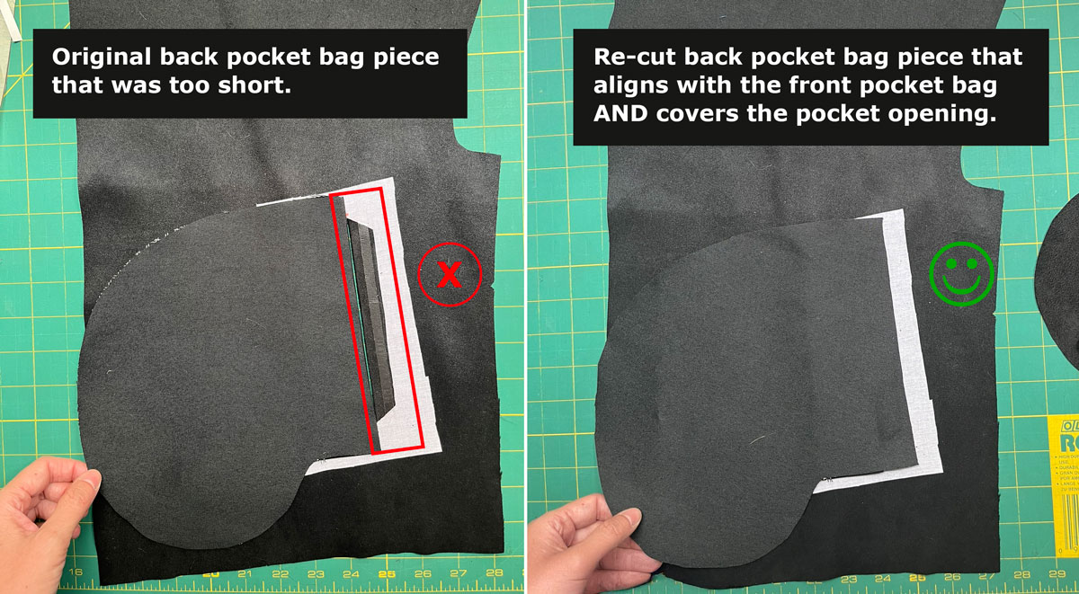 Troubleshooting tip for the back pocket. If back pocket does not align with front pocket AND cover the pocket opening, you may need to adjust and recut the back pocket bag pattern piece.