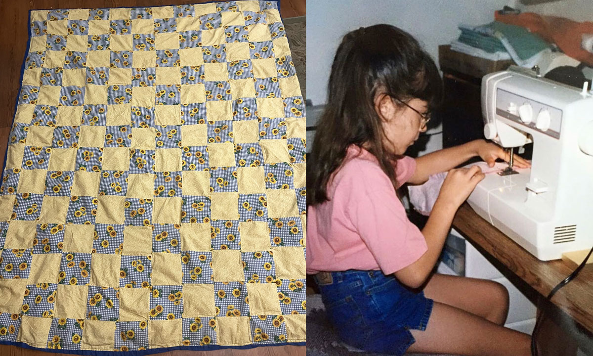 A collage image of Jaclyn's first patchwork quilt next to an image of her sewing when she was 8 years old.