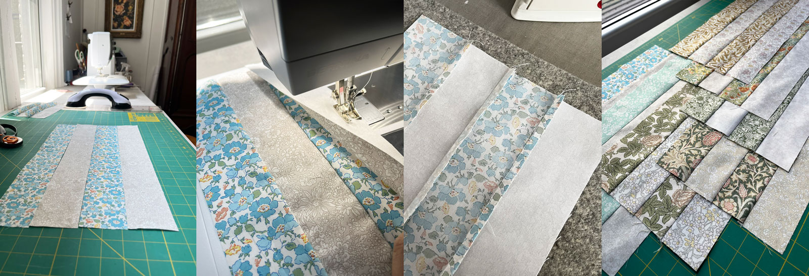 A series of images depicting strip piecing for a 16-patch quilt block.