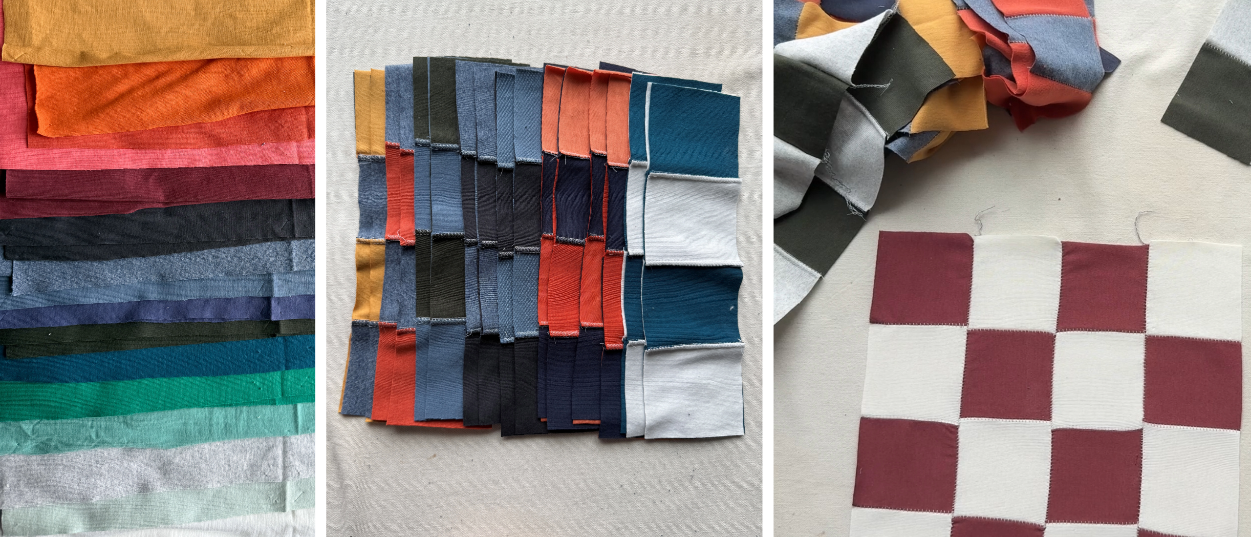 three images, the first shows layers of jersey knit in a rainbow of colors, the second shows strips of the knit that are being turned into a checkerboard, and the third shows a checkerboard quilt block in red and white