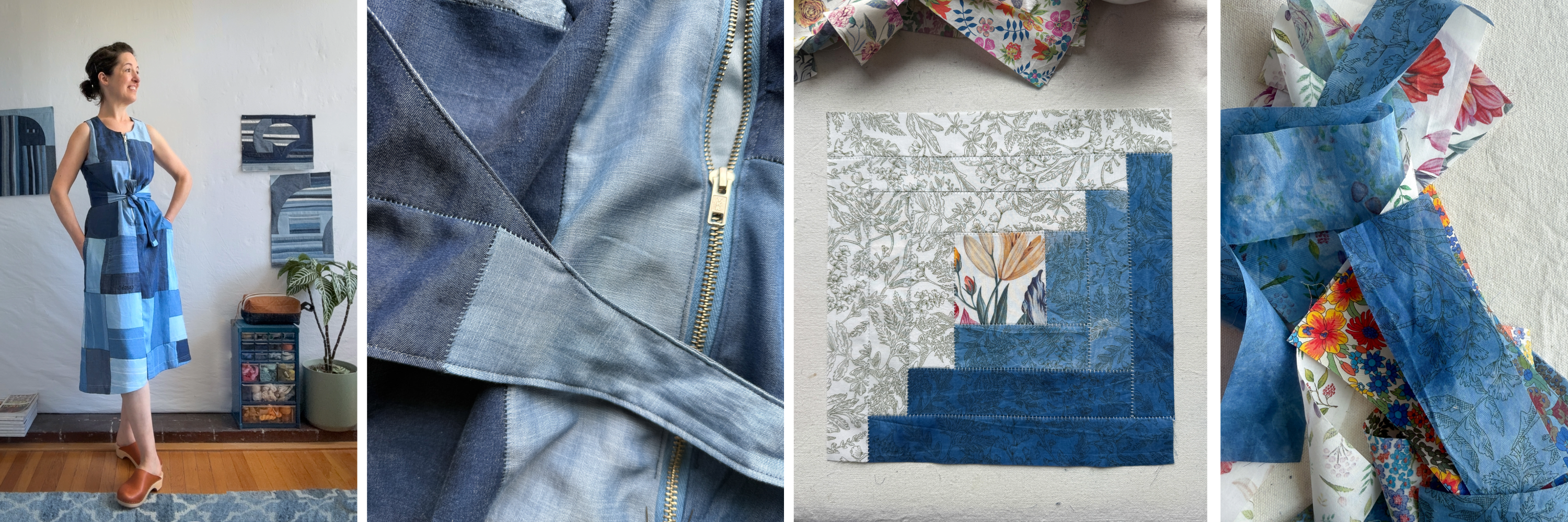 4 images, the first is of a women wearing a dress made out of denim patchwork, the second is a close-up of the dress, the third image is of a log cabin quilt block and the fourth is strips of fabric that were used in the quilt block