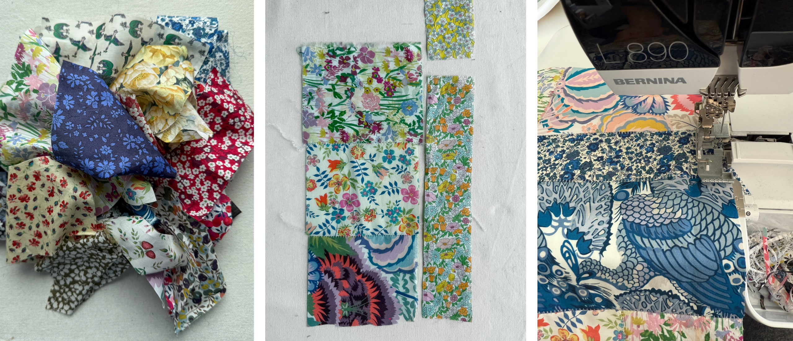 three images, the first is scraps of Liberty Tana Lawn, the second is some scraps being assembled and the third is the scraps being sewn on the BERNINA L890