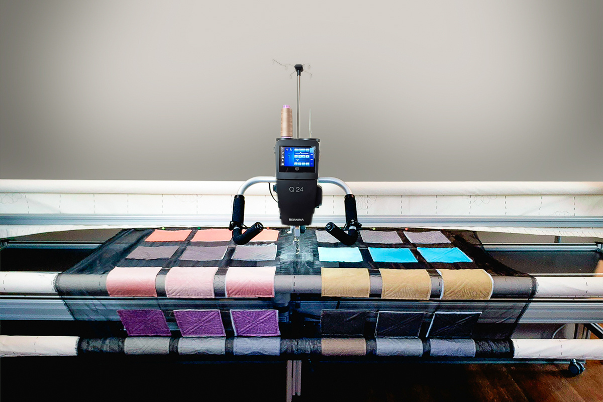 Front view of Longarm frame with swatches loaded