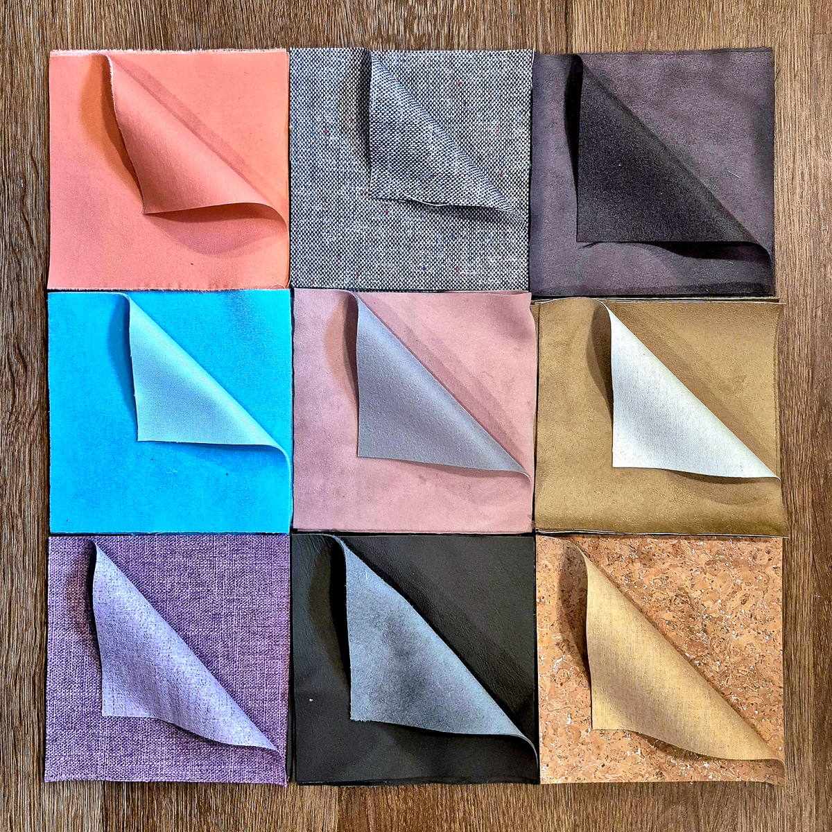 A grid of 9 different fabric swatches showing the front and back of the fabric