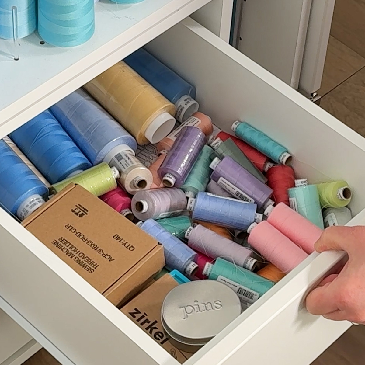 Smaller spools and backup cones are in the next drawer. Can you tell my favorite colors?
