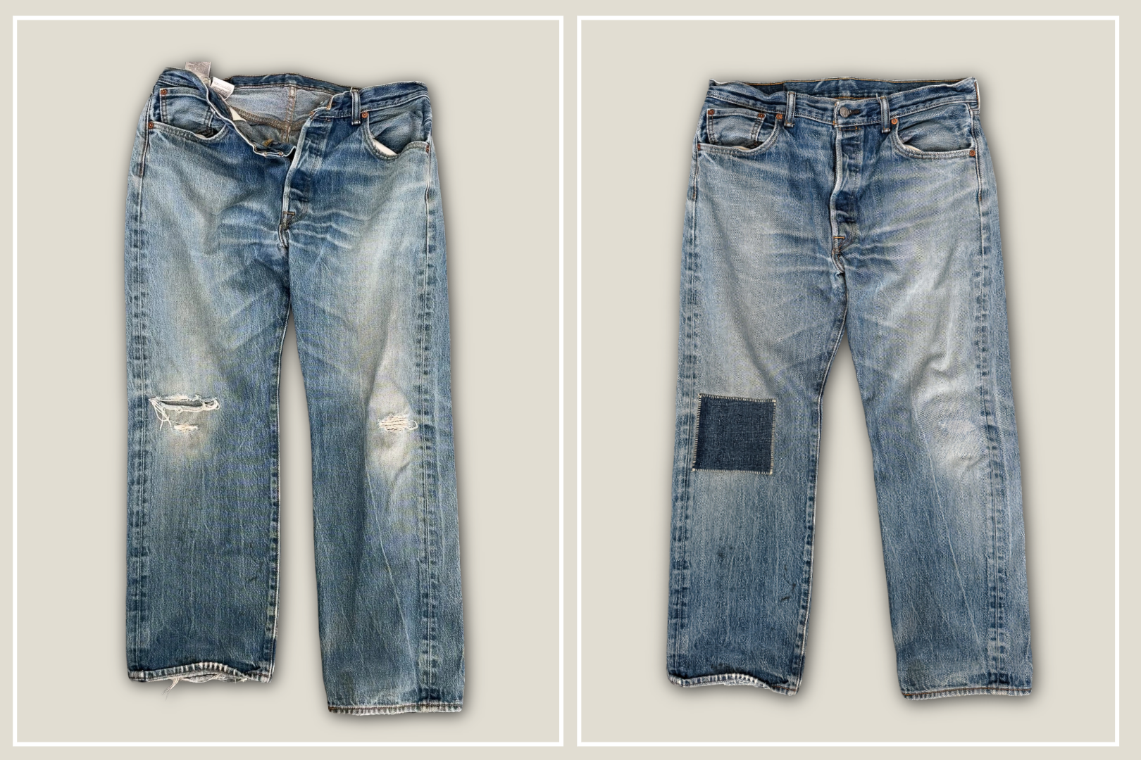 two pairs of jeans, the one on the left has a hole on both knees, the one on the right has been repaired.
