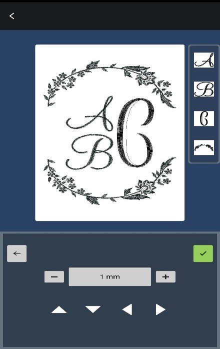 Screenshot of a mobile app used to operate a sewing machine. The editing screen shows the design process for a monogram using the initials ABC, encompassed in a floral wreath.