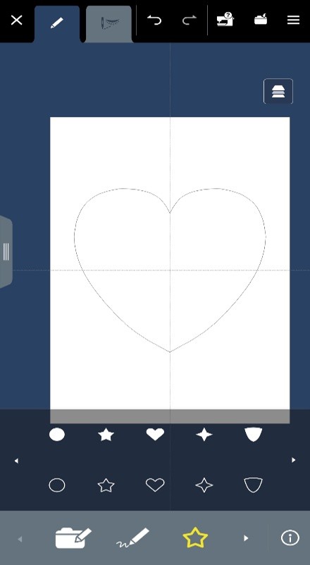 Screenshot of a mobile app used to operate a sewing machine. The editing screen shows a simple linework heart shape.